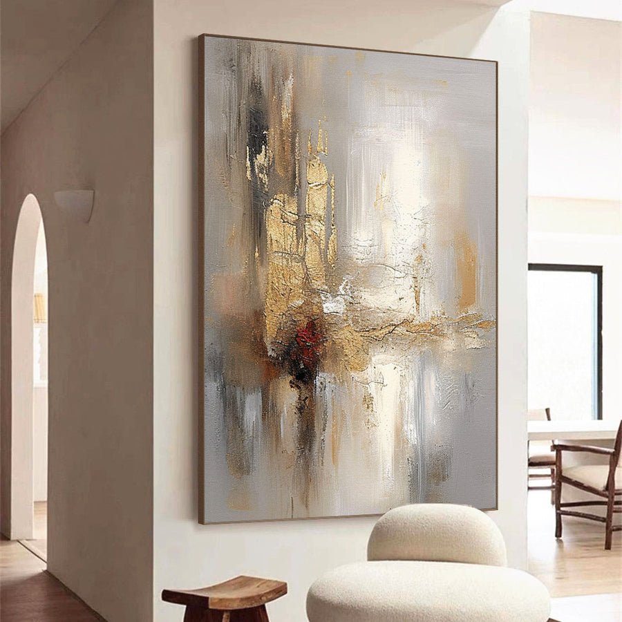 Grey And Beige Abstract Painting Gold Foil Texture Painting#AVG 003 hand-painted oil painting