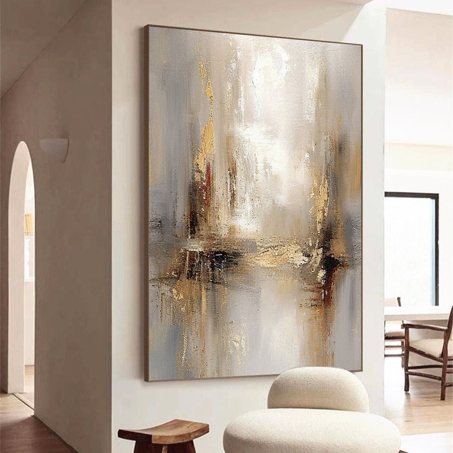 Grey And Beige Abstract Painting Gold Foil Texture Painting#AVG 004 hand-painted oil painting