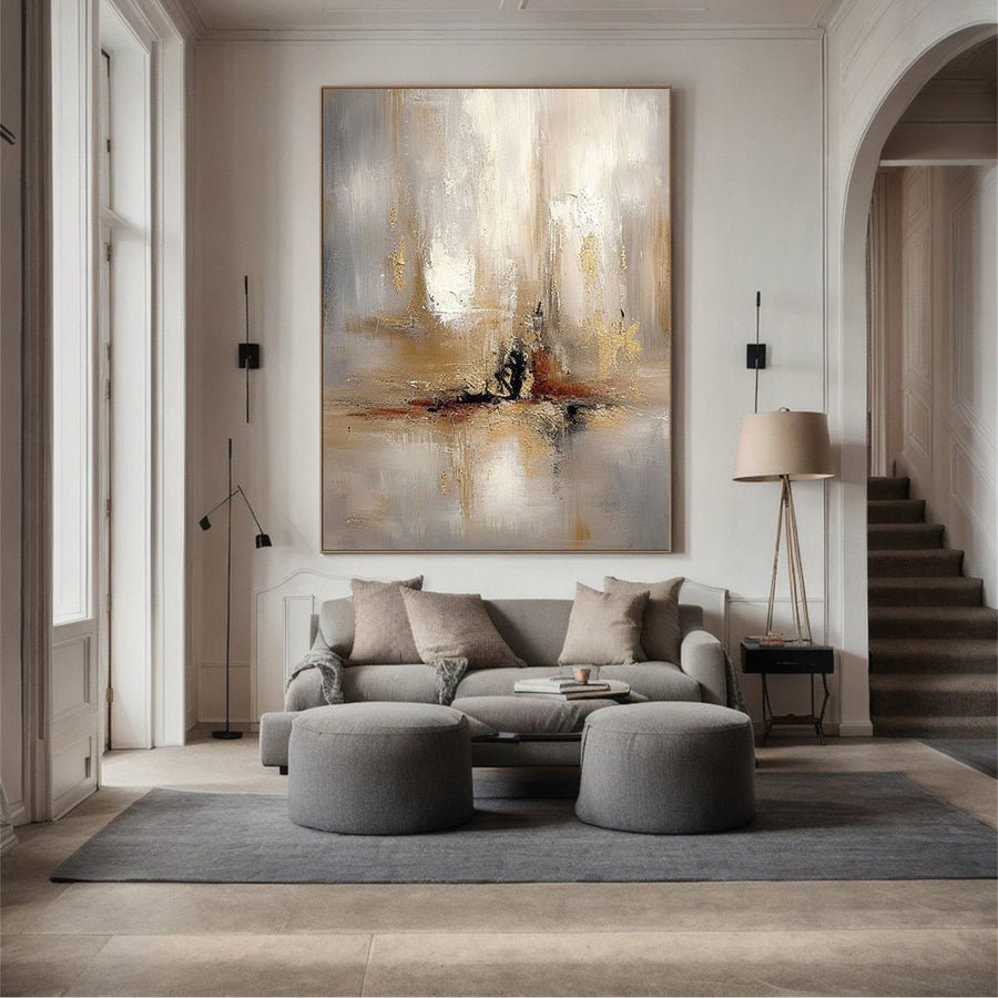 Grey And Beige Abstract Painting Gold Foil Texture Painting#AVG 005 hand-painted oil painting