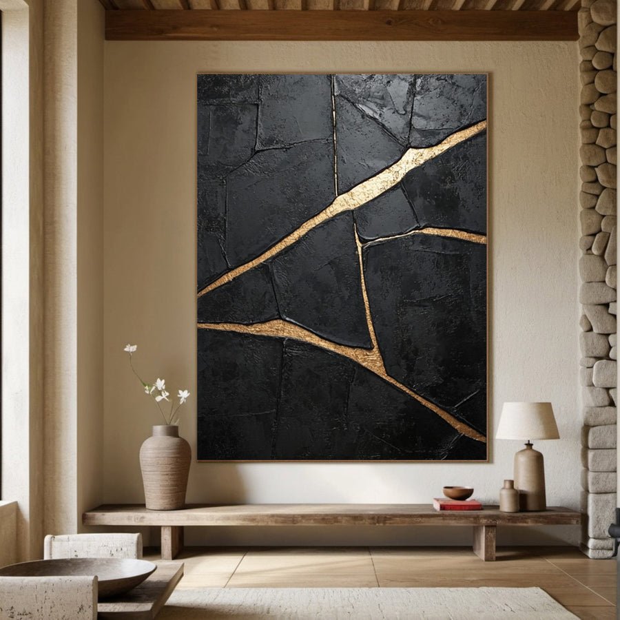 Heavily Textured Black Art with Gold Seams, Modern Canvas #BGA 183 hand-painted oil painting