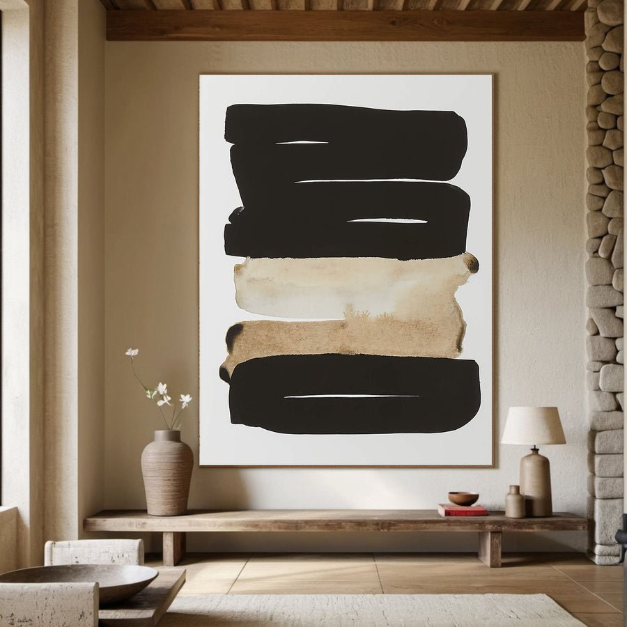 Horizontal Abstraction With Black And White Graphic Bands #BGA 046 hand-painted oil painting