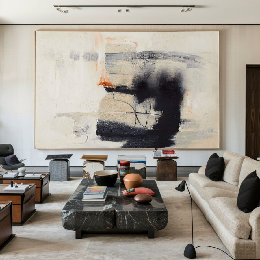 Horizontal Abstraction with Ink-like Marks, Modern Wall Art #BGA 057 hand-painted oil painting