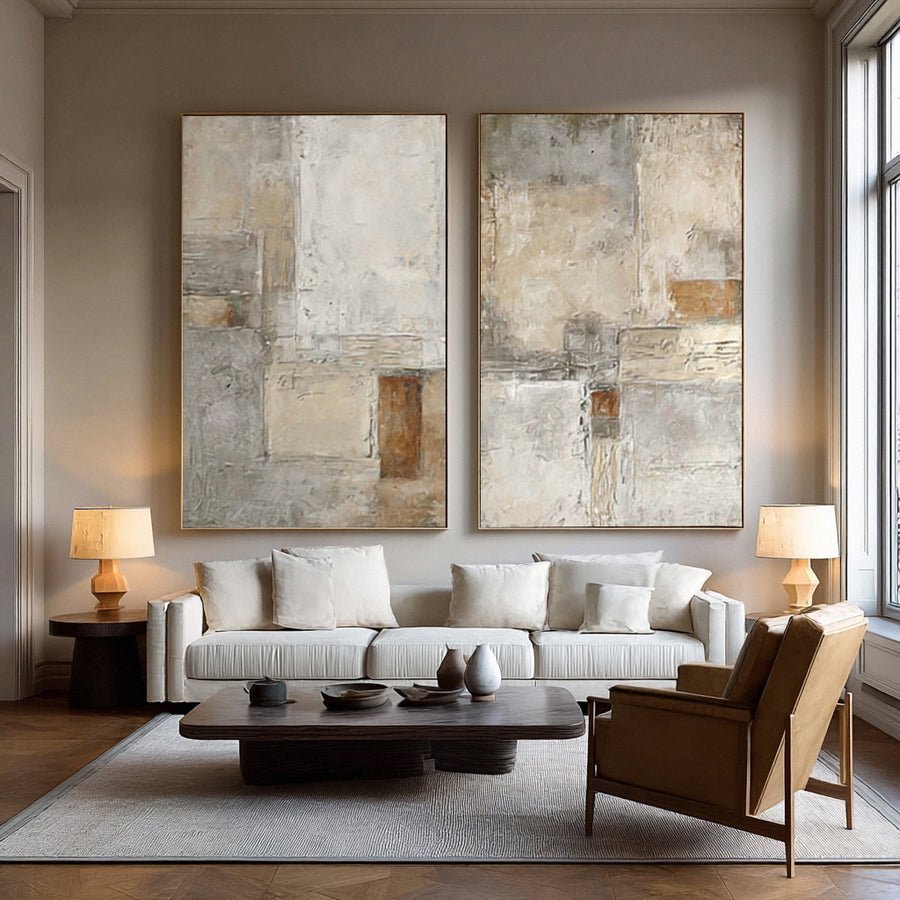 Large Beige & Gray Abstract Wall Decor Set of 2  #WG 014 hand-painted oil painting