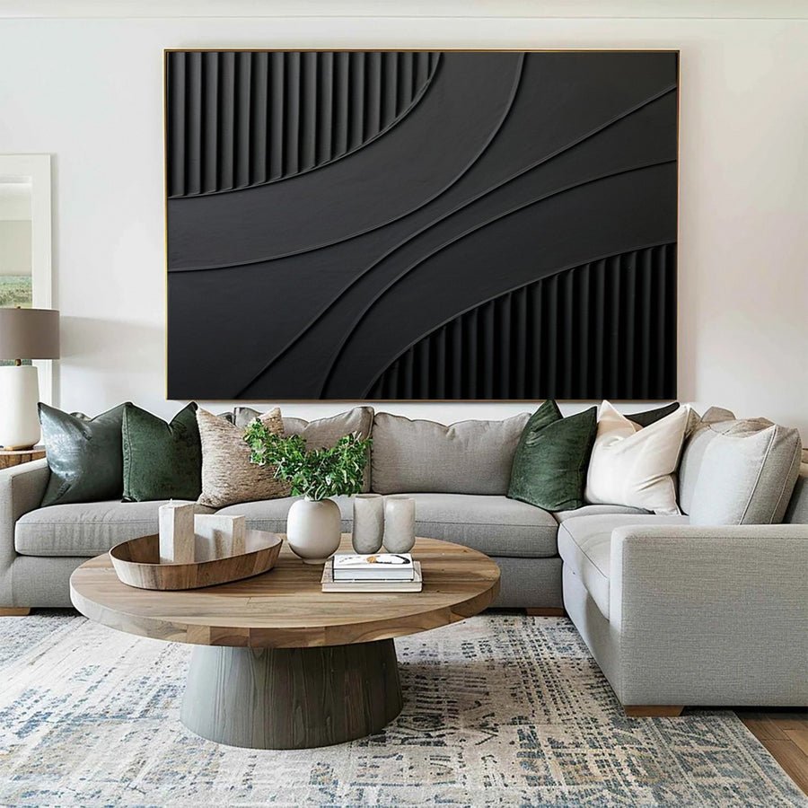 Large Black Art with Sculpted Lines and Overlapping Shapes #BGA 247 hand-painted oil painting