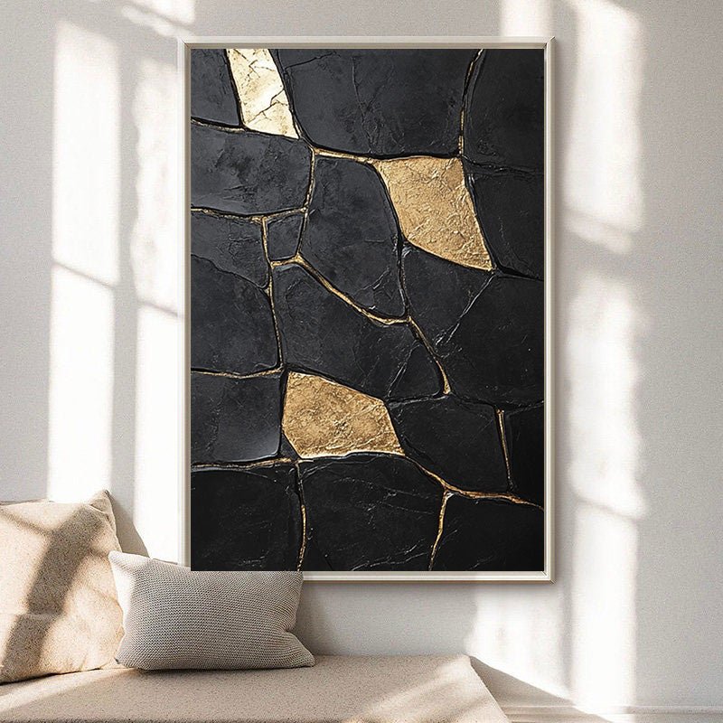 Large Black Impasto Art with Bold Geometric Gold Wall Decor #BGA 188 hand-painted oil painting