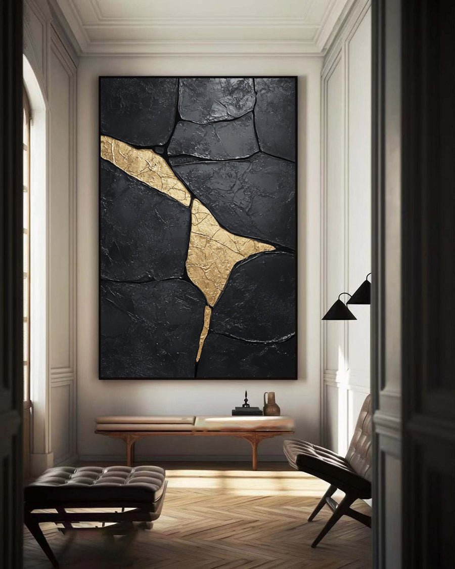 Large Black Textured Canvas with Gold Accents for Room Decor #BM 033 hand-painted oil painting