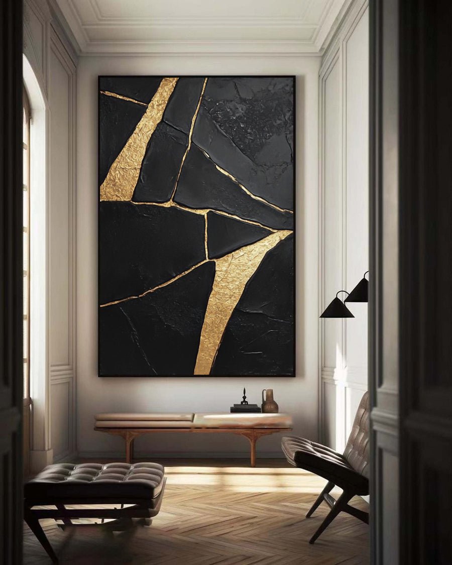 Large Black Textured Canvas with Gold Accents for Room Decor #BM 034 hand-painted oil painting