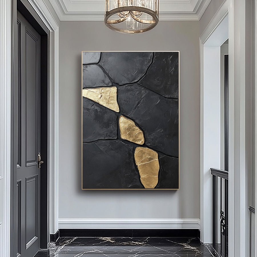 Large Black Textured Canvas with Gold Accents for Room Decor #BM 035 hand-painted oil painting
