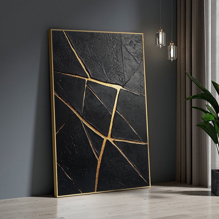 Large Black Textured Canvas with Gold Accents for Room Decor #BM 036 hand-painted oil painting