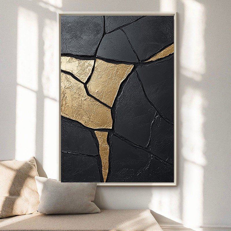 Large Contemporary Black Impasto Art with Organic Gold Shape #BGA 189 hand-painted oil painting