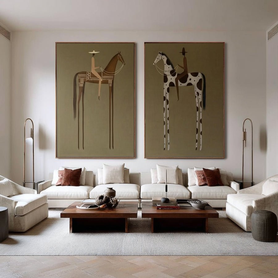 Large Contemporary Horse Rider Diptych #AVG 031 hand-painted oil painting