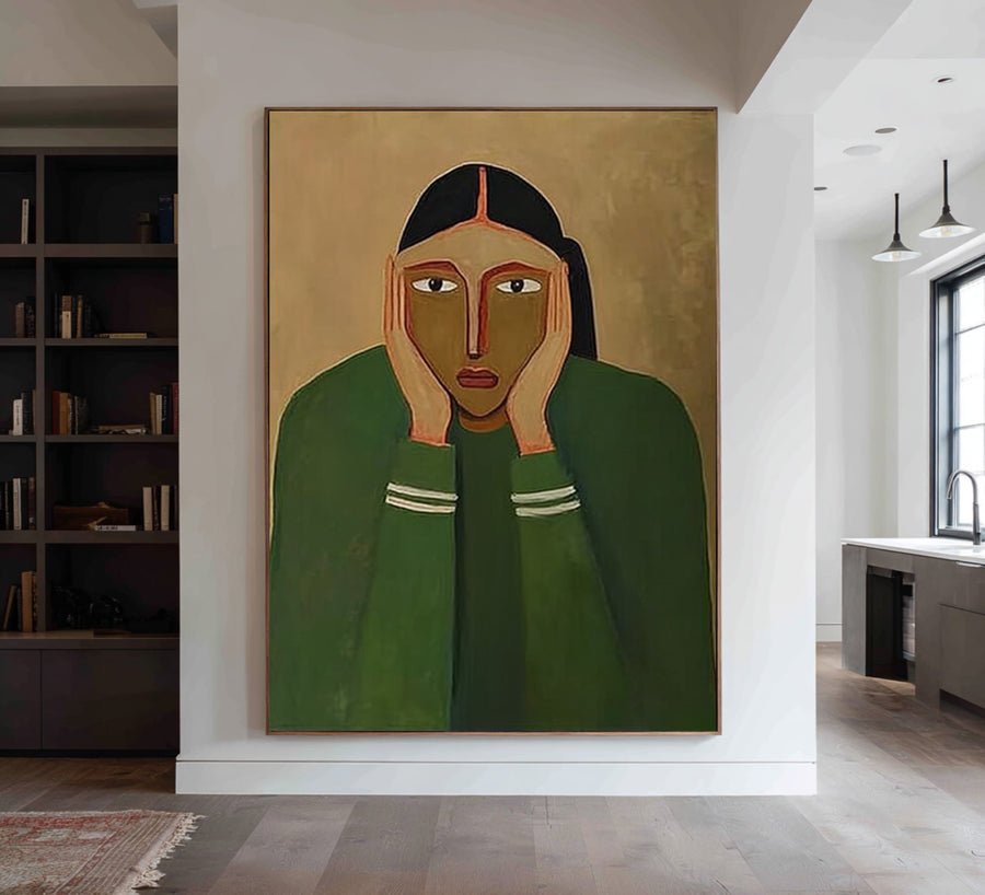 Large Green Abstract Portrait Oil Painting #WAB-030 hand-painted oil painting