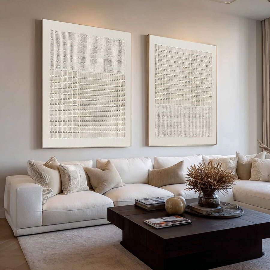 Large Minimalist Beige Grid Abstract Painting Pair Set of 2 #WAB 020 hand-painted oil painting