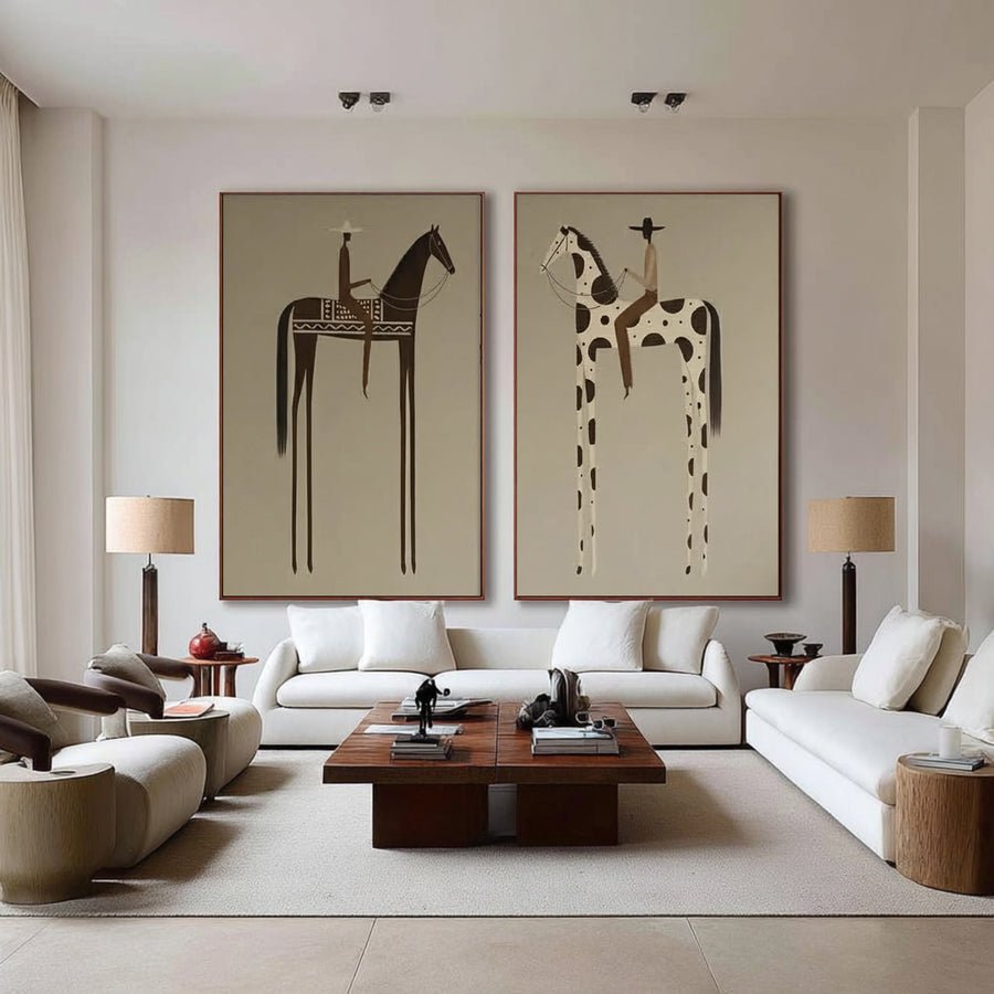 Large Minimalist Horse Rider Diptych #AVG 032 hand-painted oil painting