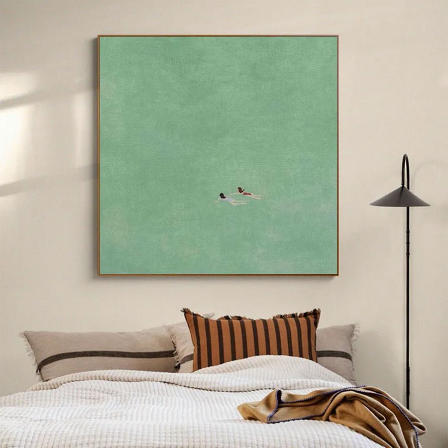 Large Minimalist Mint Green Swimmers Art | ArtvistaGallery  #WGA 029 hand-painted oil painting