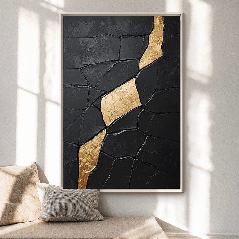 Large Textured Black Abstract with Diagonal Gold Divide #BGA 192 hand-painted oil painting