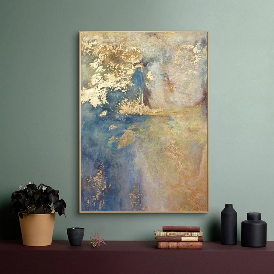 Light Blue and Gold Abstract Wall Art with Metallic Accents #BGA 092 hand-painted oil painting