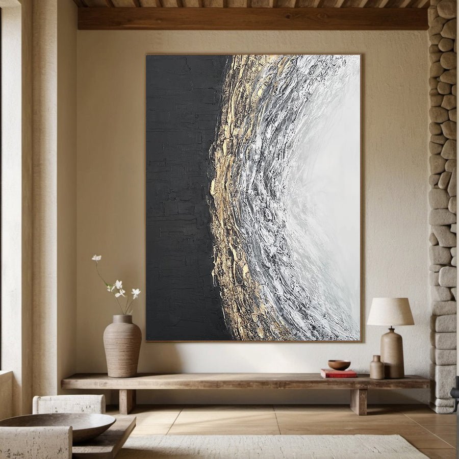 Lunar Divide: Abstract Textured Art, Gold Accent Canvas #BGA 117 hand-painted oil painting