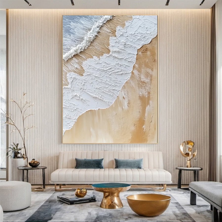 Luxurious Textured Abstract Canvas Art Gold and White Waves #OS 029 hand-painted oil painting