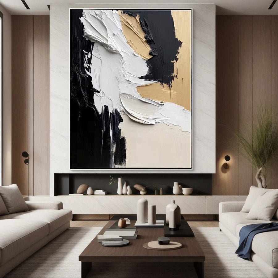Luxury Abstract Wall Art Chic Black and Gold Brush Strokes #BBM 041 hand-painted oil painting