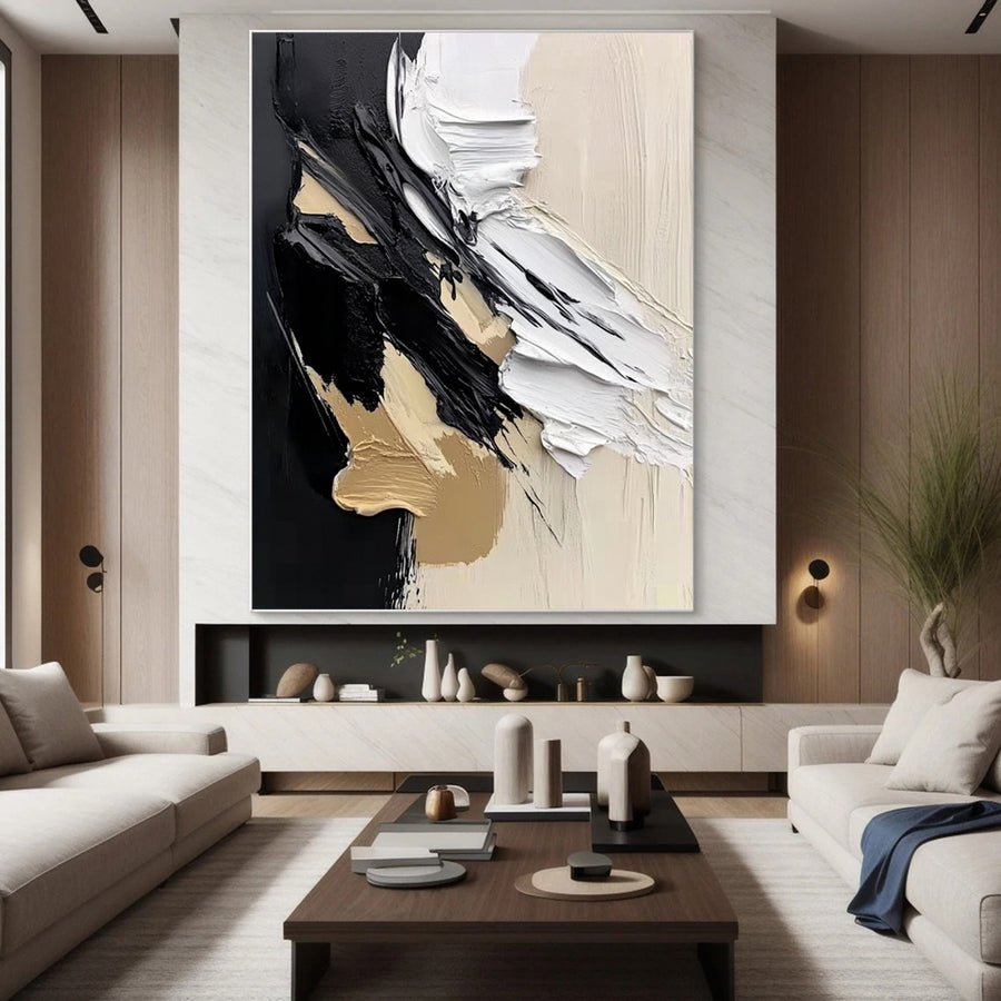 Luxury Abstract Wall Art Chic Black and Gold Brush Strokes #BBM 042 hand-painted oil painting