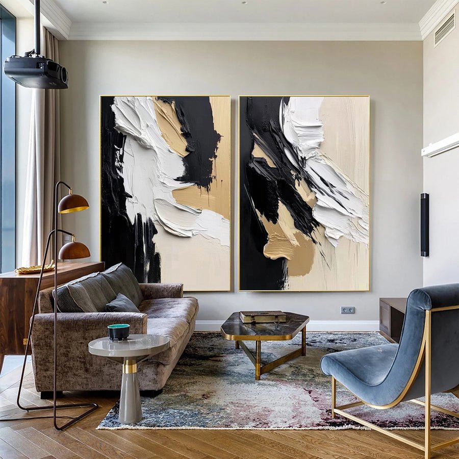Luxury Abstract Wall Art Chic Black and Gold Brush Strokes #BBS 016 hand-painted oil painting