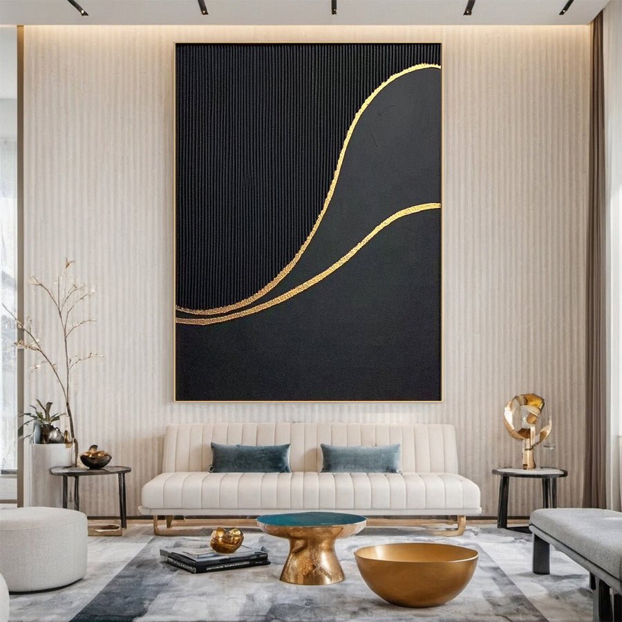 Luxury Waves Black and Gold Abstract Canvas Art #BM 078 hand-painted oil painting