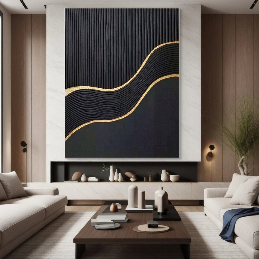 Luxury Waves Black and Gold Abstract Canvas Art #BM 079 hand-painted oil painting