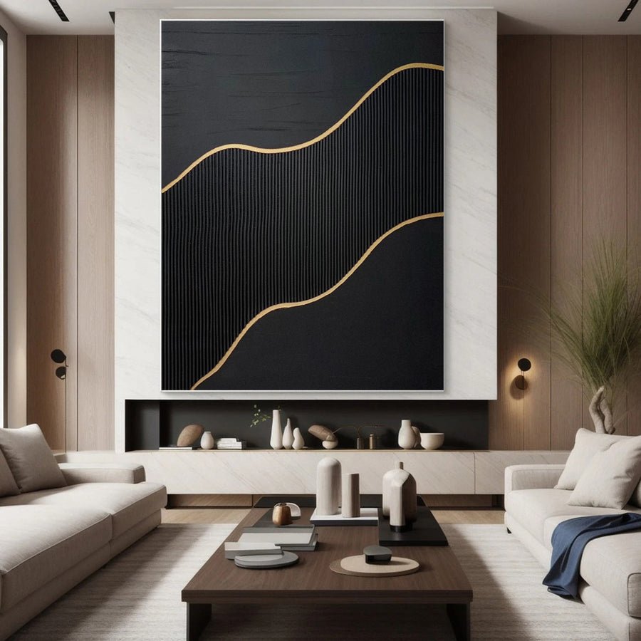 Luxury Waves Black and Gold Abstract Canvas Art #BM 080 hand-painted oil painting