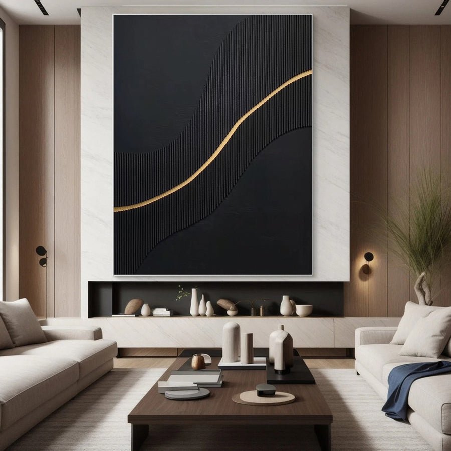 Luxury Waves Black and Gold Abstract Canvas Art #BM 081 hand-painted oil painting