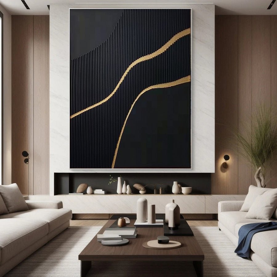 Luxury Waves Black and Gold Abstract Canvas Art #BM 082 hand-painted oil painting