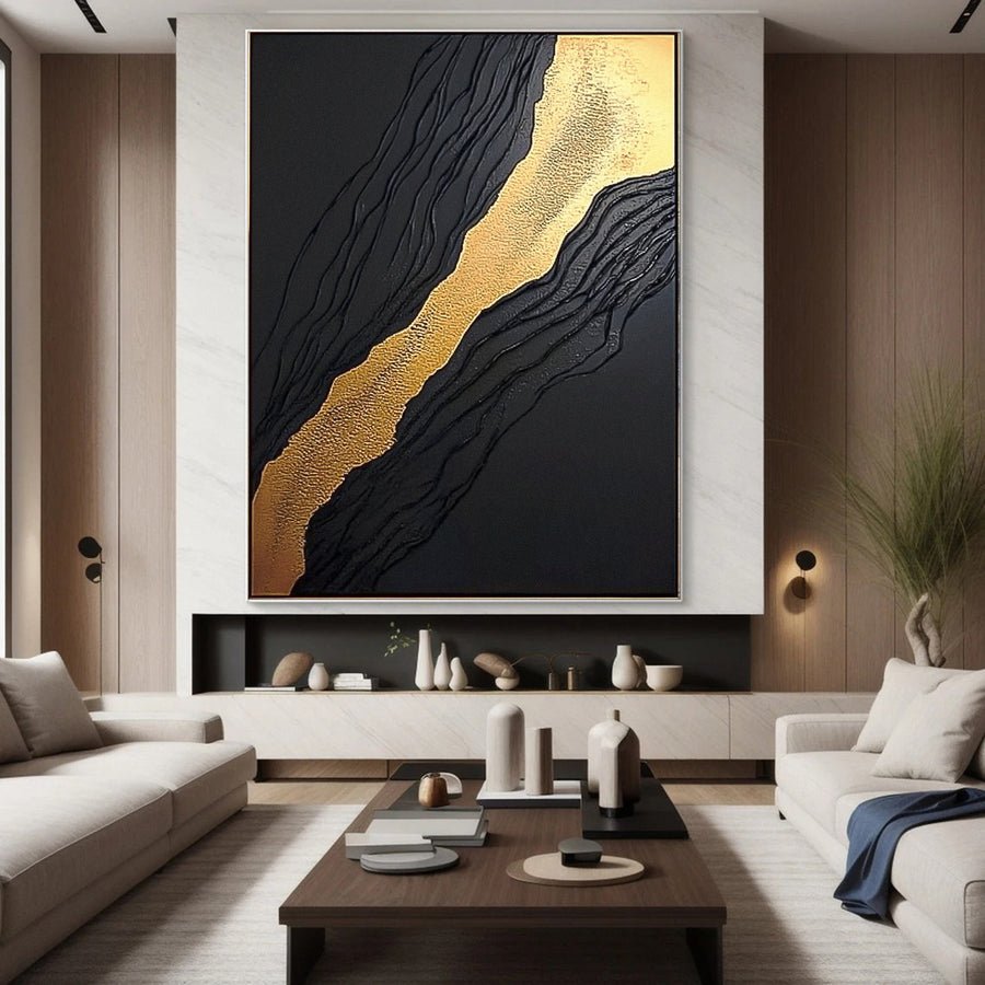 Luxury Waves Black and Gold Abstract Canvas Art #BM 083 hand-painted oil painting