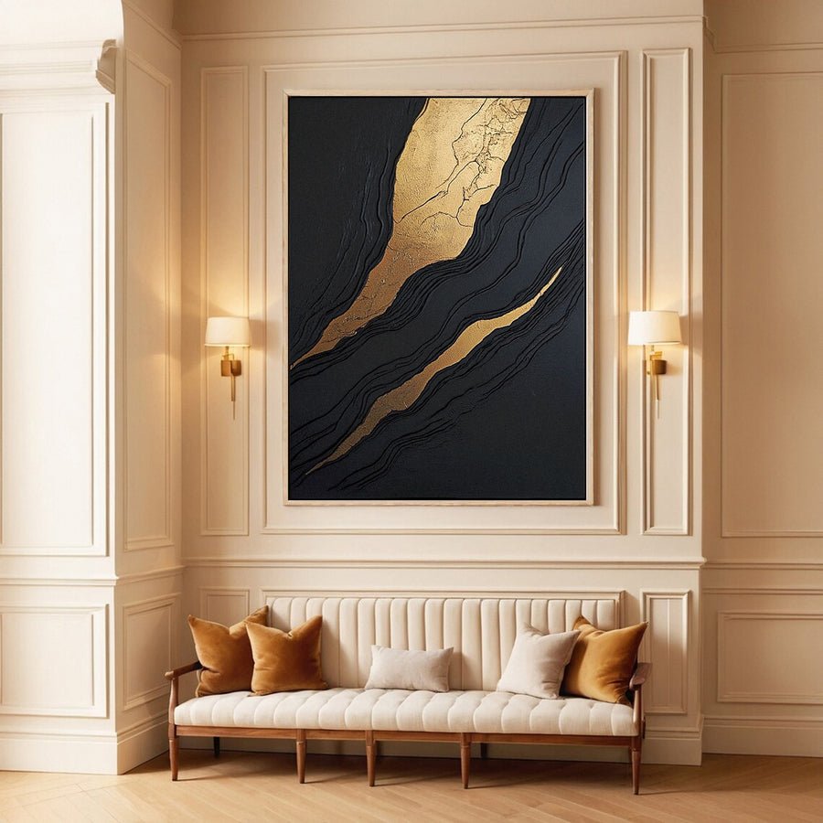 Luxury Waves Black and Gold Abstract Canvas Art #BM 084 hand-painted oil painting