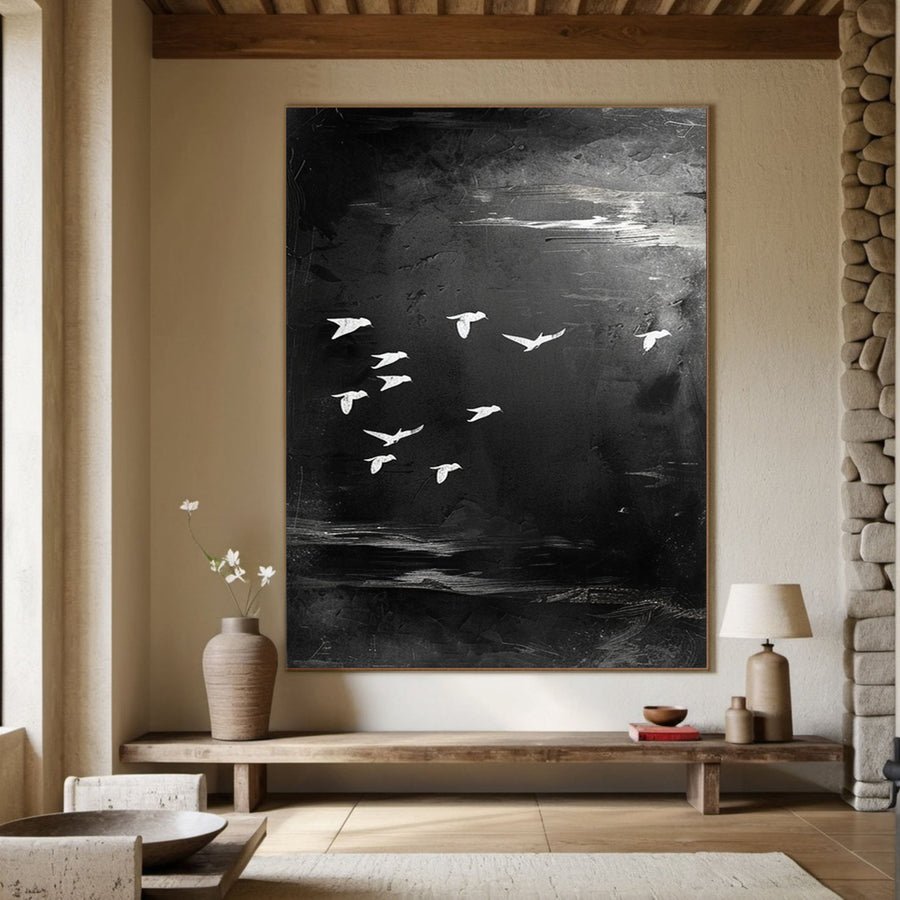 Majestic Birds in Flight Abstract Art Large Black and White Canvas #BM 048 hand-painted oil painting