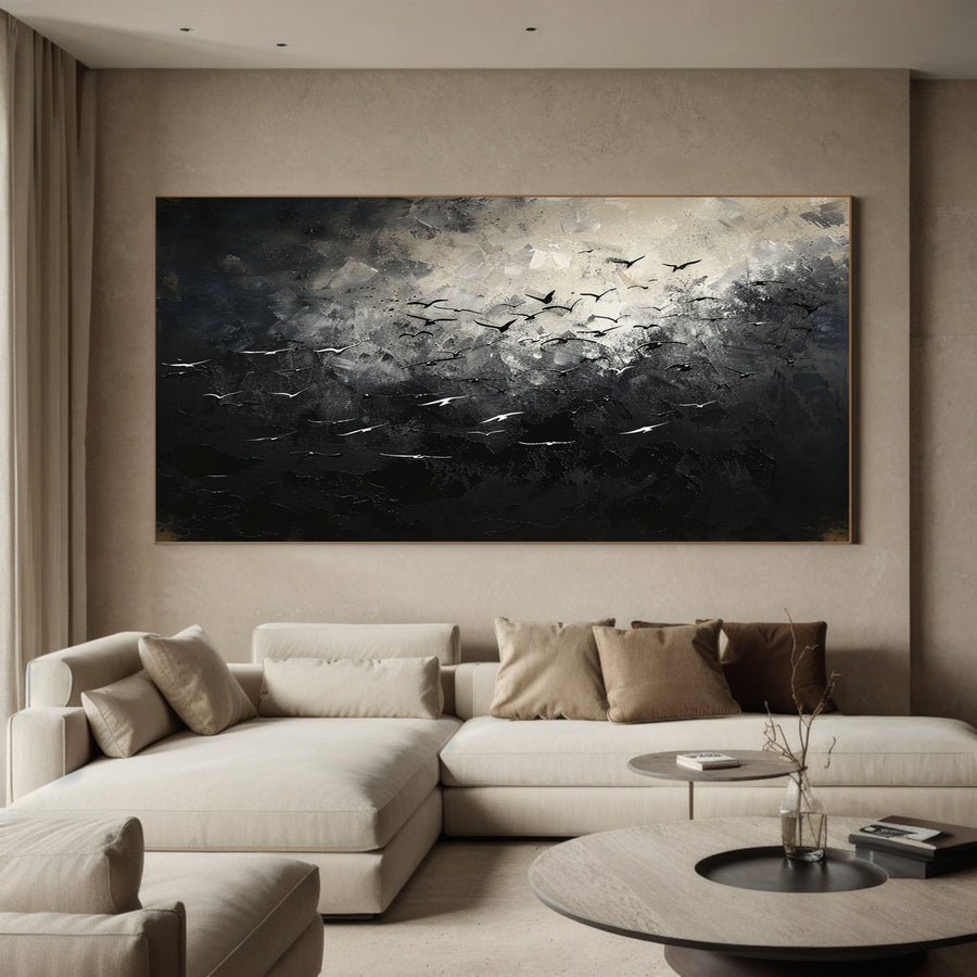 Majestic Birds in Flight Abstract Art Large Black and White Canvas #BM 060 hand-painted oil painting