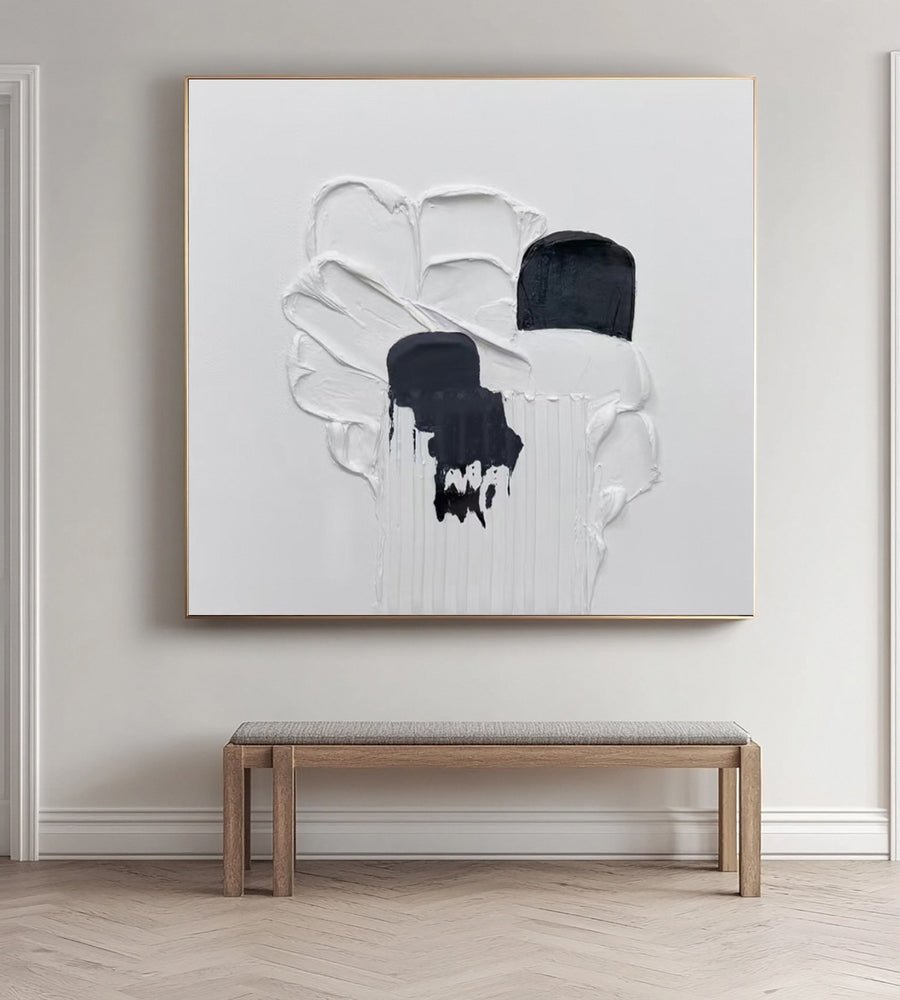 Minimalist Art with 3D White Texture and Flowing Black Forms #BGA 249 hand-painted oil painting