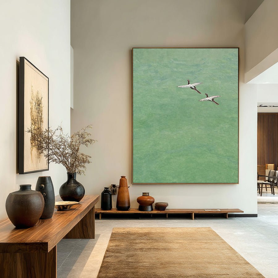 Minimalist Bird Painting - Green Textured Abstract Art #WG 085 hand-painted oil painting