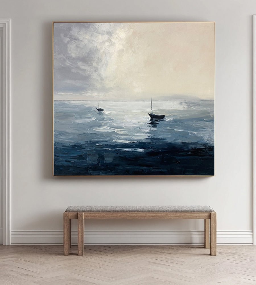 Minimalist Marine Art with Two Boats on a Calm, Cloudy Sea #BGA 280 hand-painted oil painting