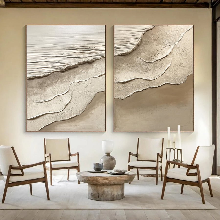Minimalist Neutral Beach Diptych with Tactile Sand Patterns #BGA 217 hand-painted oil painting