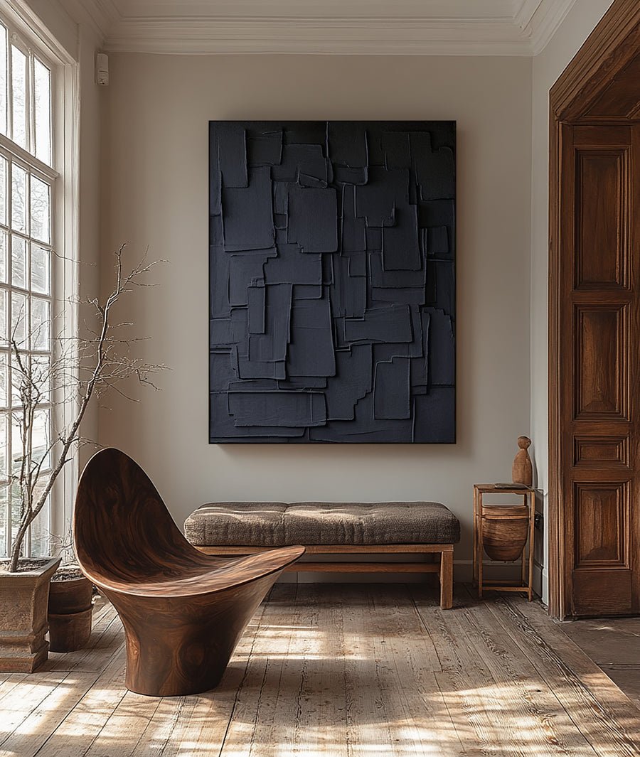 Minimalist Wall Art in Black | Abstract Geometric Canvas   #BBA 054 hand-painted oil painting
