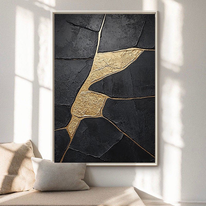 Modern Abstract Canvas with Textured Black and Gold Shapes #BGA 190 hand-painted oil painting