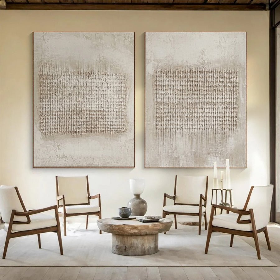 Modern Abstract Diptych with Textured Vertical Inscriptions #BGA 240 hand-painted oil painting