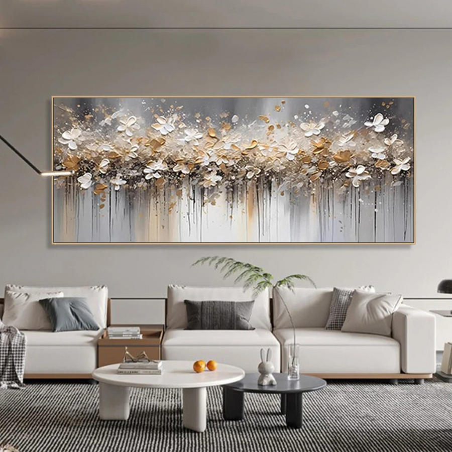 Modern Abstract Floral Wall Art with Golden Highlights #BGA 011 hand-painted oil painting