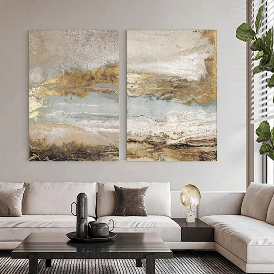 Modern Abstract Landscapes, Neutral Canvas With Gold #BGA 108 hand-painted oil painting