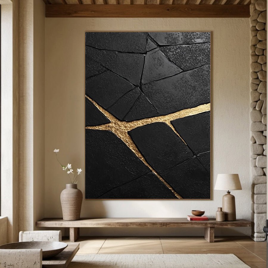 Modern Abstract with Deeply Textured Black and Gold Rivers #BGA 182 hand-painted oil painting