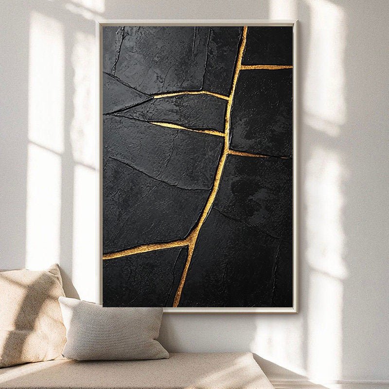 Modern Abstract with Deeply Textured Black and Gold Lines #BGA 186 hand-painted oil painting