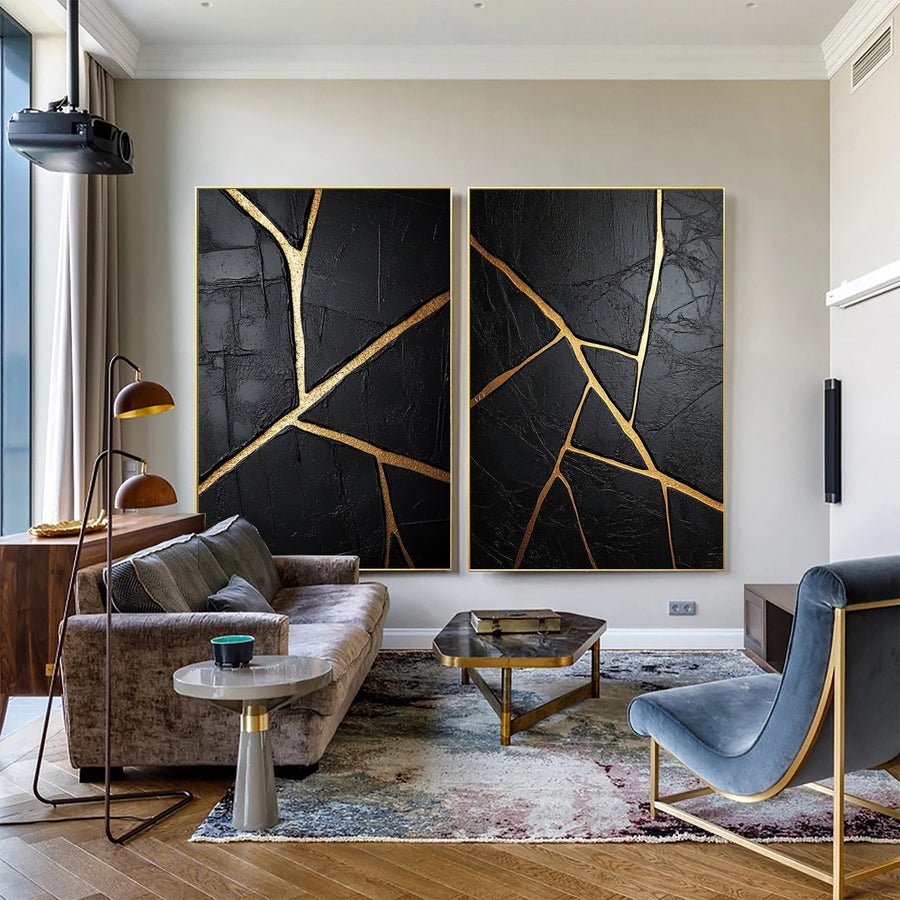 Modern Black and Gold Textured Painting for Elegant Home Interiors Set Of 2 #BMS 003 hand-painted oil painting