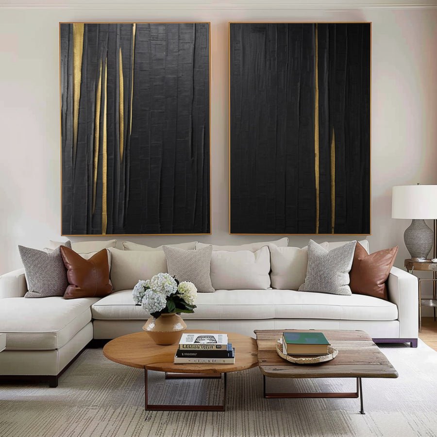 Modern Black Impasto Diptych with Vertical Gold Fissures #BGA 207 hand-painted oil painting