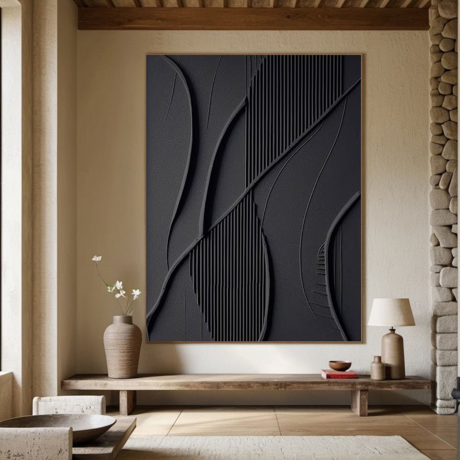 Modern Black Textured Abstract Art Sleek Large Wall Canvas #BM 051 hand-painted oil painting