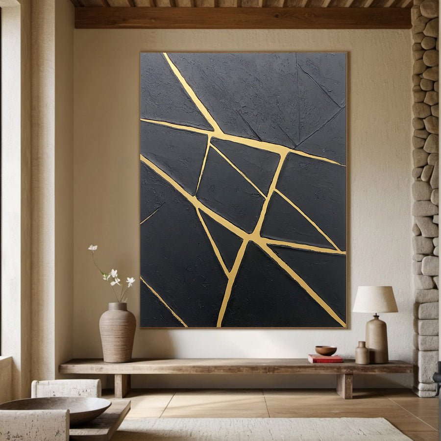 Modern Canvas with Textured Black and Geometric Gold Veins #BGA 195 hand-painted oil painting